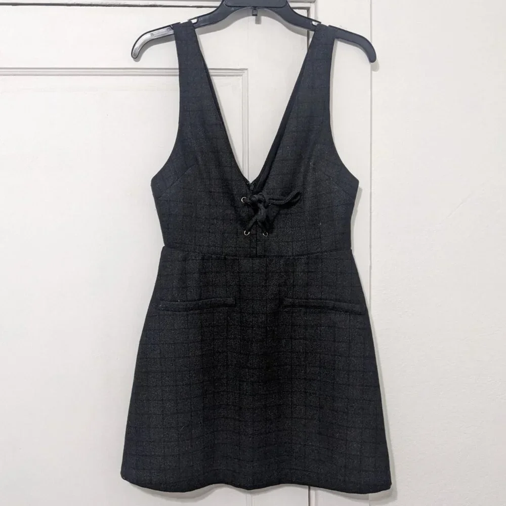 reformation rigley plaid mini dress v neck tie zipup charcoal size 4 - Picture 3 of 8